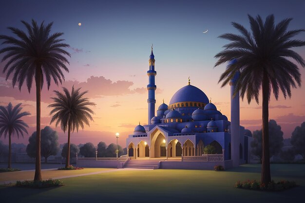 Scène avec une belle mosquée au crépuscule
