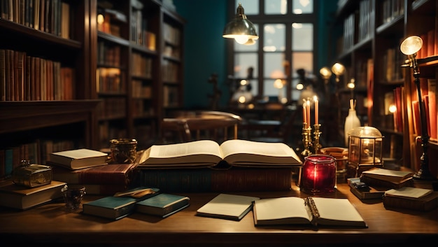 Une scène de bibliothèque sereine avec un livre ouvert sur une table en bois