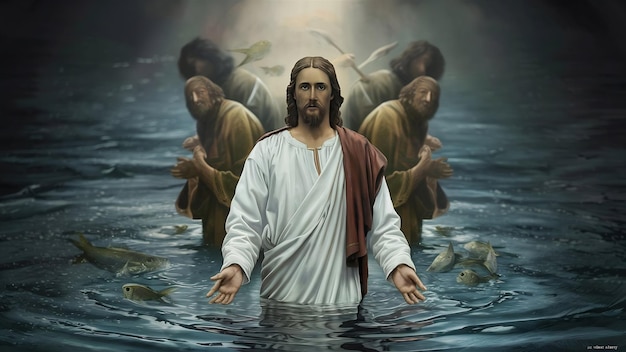 Scène biblique de Jésus-Christ debout dans l'eau avec un fond flou