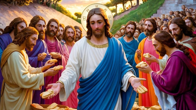 Scène biblique de Jésus-Christ distribuant du pain