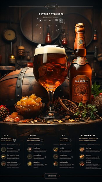 Photo scène de bière artisanale vieillie en baril avec une palette d'ambre et de brun chaude w poster menu flyer design art