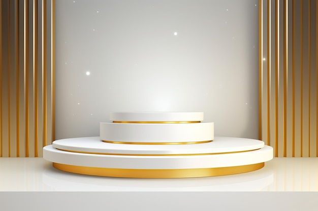 Scène blanche minimaliste avec un décor doré pour l'affichage du produit Espace vide d'exposition sur le piédestal du podium