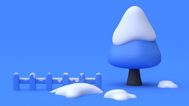 scène bleue barrière de neige arbre abstrait style de dessin animé minimal 3d render nature hiver concept