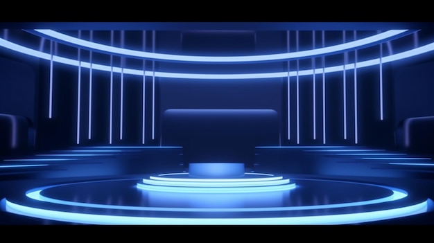 Une scène bleue avec un écran de télévision et un écran de télévision en arrière-plan.
