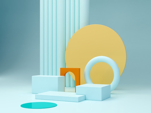 Scène bleue minimale avec podium et arrière-plan abstrait Forme géométrique Scène de couleurs pastel Rendu 3d minimal Scène avec des formes géométriques jaune et orange Rendu 3d