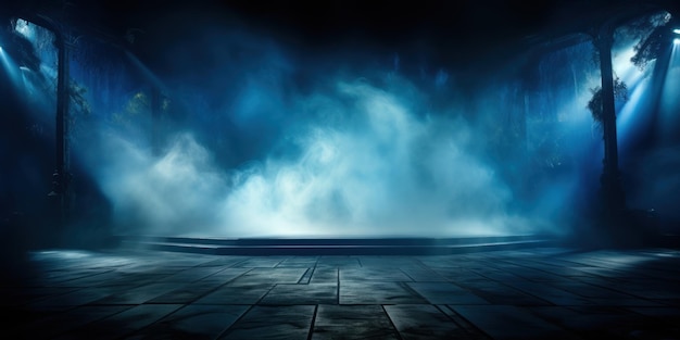 Une scène bleue vide avec des lumières volumétriques et de la fumée sur une maquette de fond