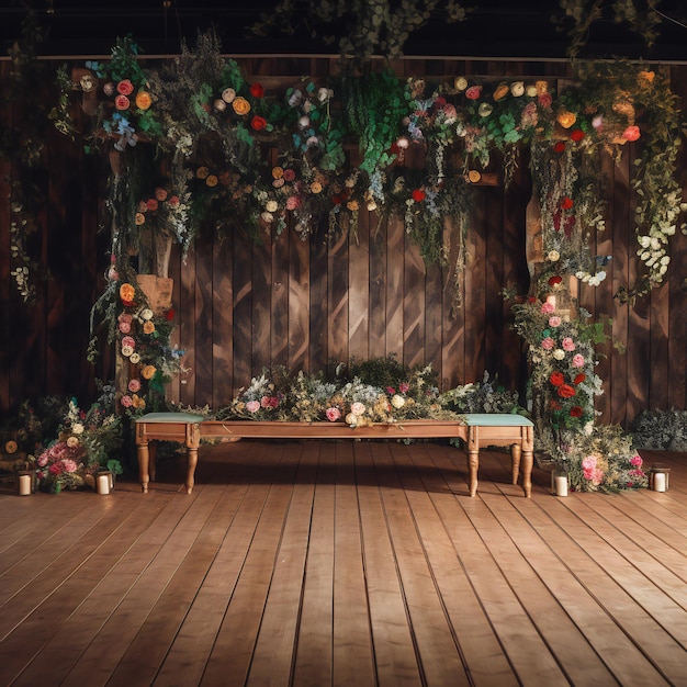 Une scène en bois avec un banc et des fleurs dessus.