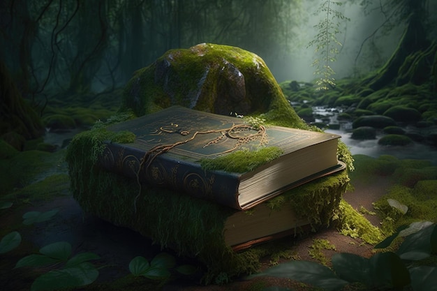 Une scène boisée sereine avec un livre magique posé sur une pierre recouverte de mousse