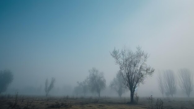 Une scène brumeuse avec des arbres au premier plan