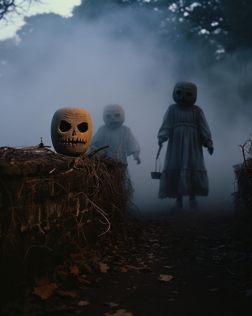 Scène brumeuse d'Halloween avec des enfants avec des costumes effrayants dans la forêt