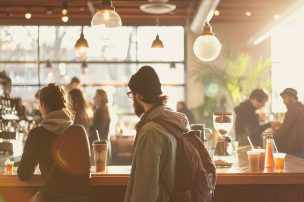 une scène de café animée où plusieurs clients apprécient leurs boissons avec des pailles en papier