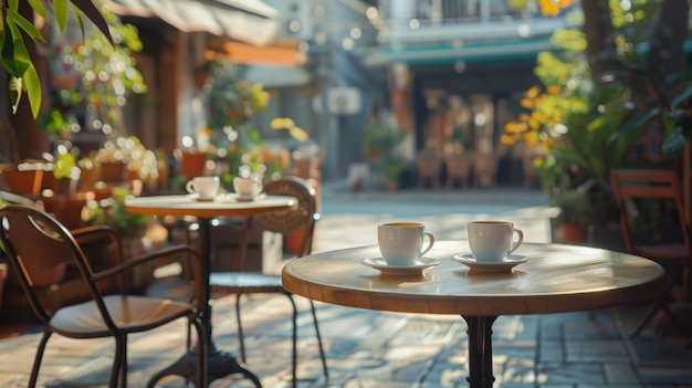 Photo scène de café en plein air avec des tables ornées de petites tasses de café