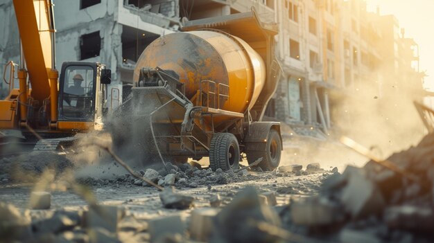 Scène d'un camion jaune passant sur un chantier de construction avec des ouvriers de la construction d'un mélangeur de béton