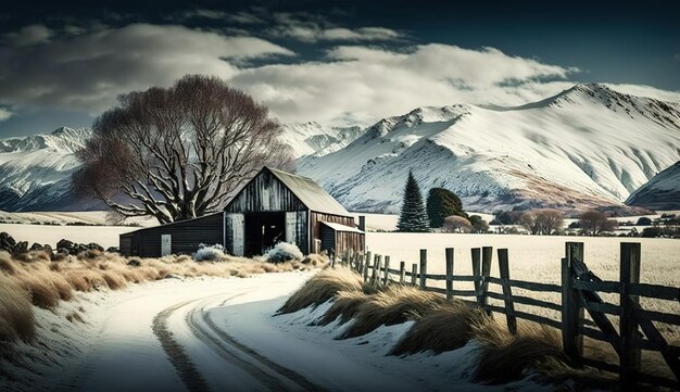 Scène de la campagne de l'île du Sud de la Nouvelle-Zélande avec des montagnes enneigées en arrière-plan