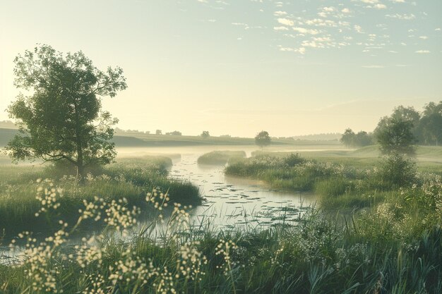 Une scène de campagne paisible avec une rivière sinueuse