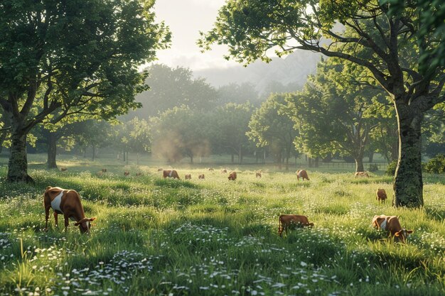 Une scène de campagne paisible avec des vaches qui paissent