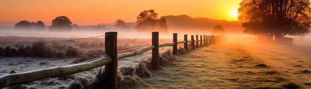 Scène de campagne sereine avec une bannière de lever de soleil légèrement floue pour l'IA générative Web