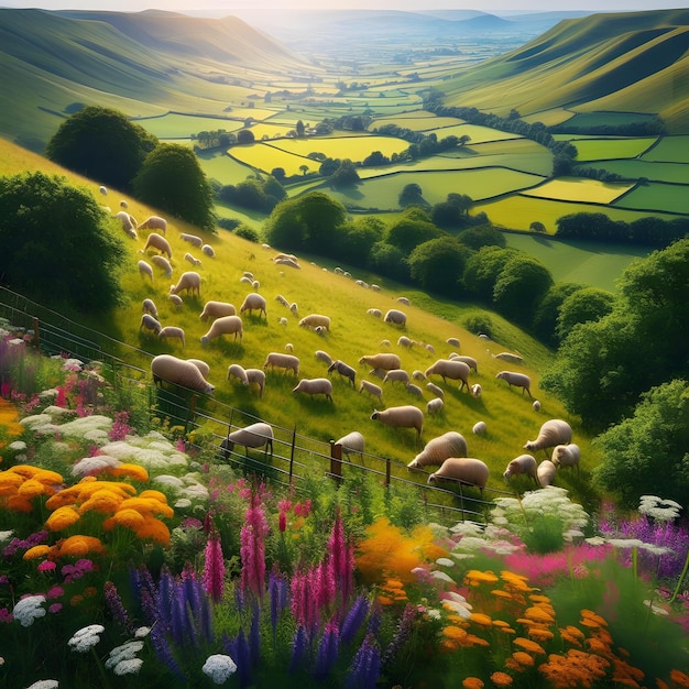 Une scène de campagne sereine Des collines vertes luxuriantes avec des nuages blancs et moelleux