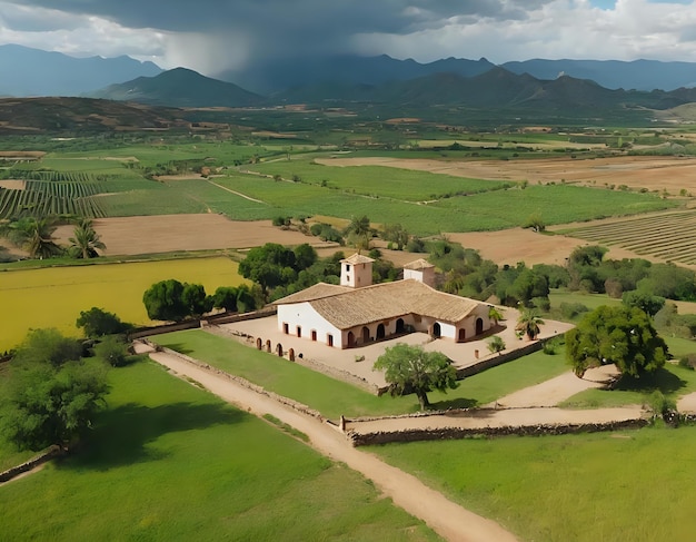 Une scène de campagne sereine avec une hacienda traditionnelle en arrière-plan entourée de champs d'une