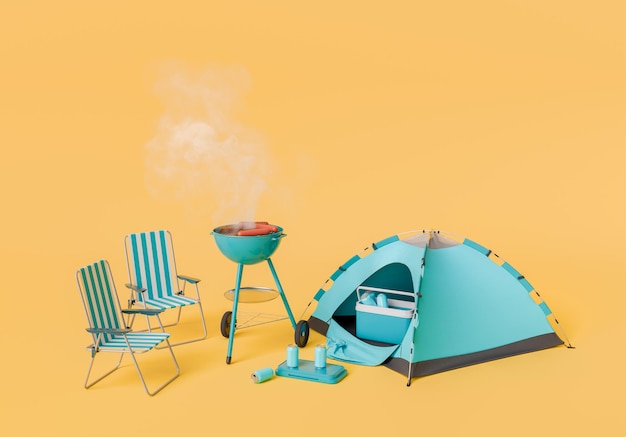 Scène de camping d'été avec tente de barbecue et chaises sur fond jaune