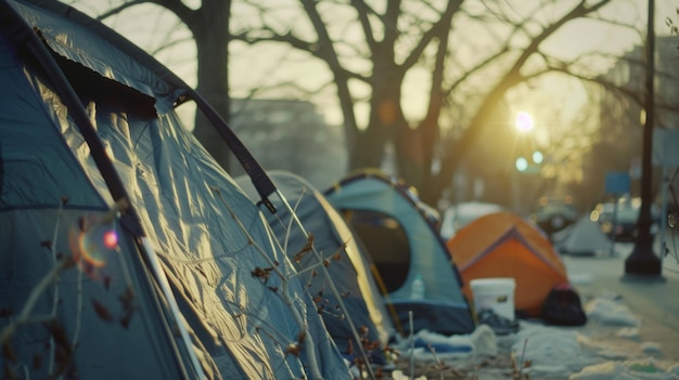 Scène de camping d'hiver avec des tentes dressées sur un sol enneigé au crépuscule