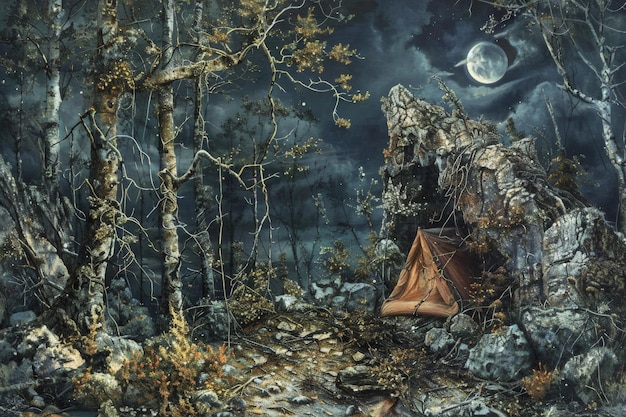 Une scène de camping nocturne effrayante avec une petite tente sous la pleine lune entourée d'arbres nus et de rochers escarpés