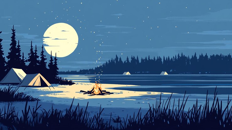 Photo scène de camping de nuit sereine au clair de lune