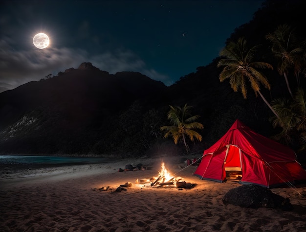 Scène de camping avec tente sur la plage sous les palmiers la nuit