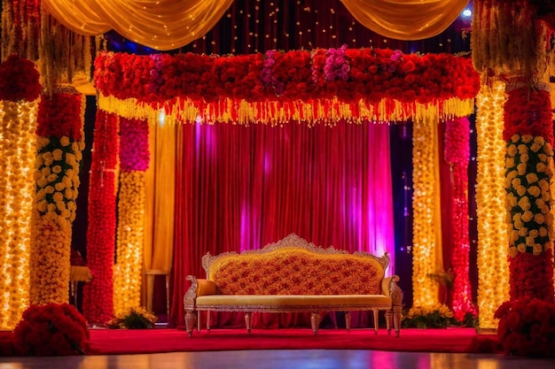 une scène avec un canapé doré et un rideau rouge avec un rideau doré et rouge