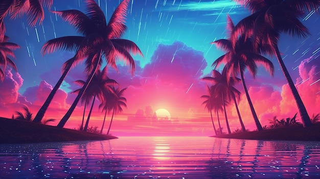 Scène captivante mêlant des éléments d'esthétique vaporwave cyberpunk et synthwave avec des palmiers sur fond futuriste Background Generative Ai