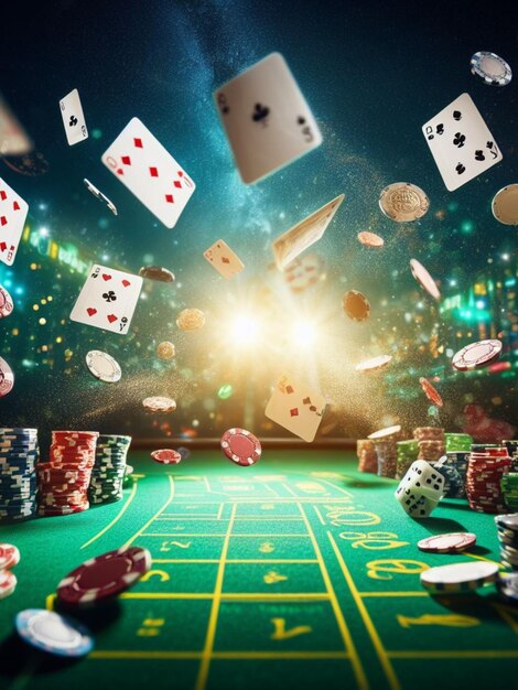 scène de casino sur une table de jeu geler l'action voler des dés cartes et jetons bokeh sombre main humaine