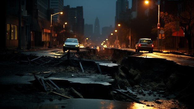 Photo scène de catastrophe urbaine avec une voiture s'approchant d'un gouffre de la ville