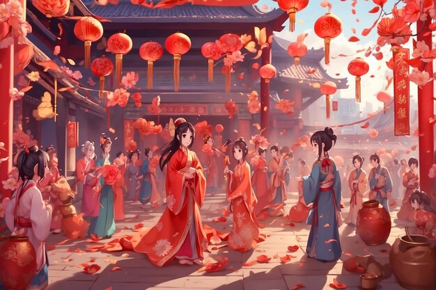 Scène de célébration du Nouvel An chinois dans le style anime