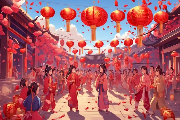 Scène de célébration du Nouvel An chinois dans le style anime