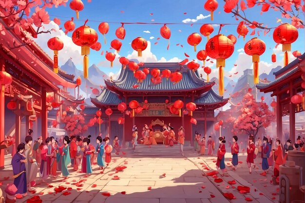 Scène de célébration du Nouvel An chinois dans le style anime