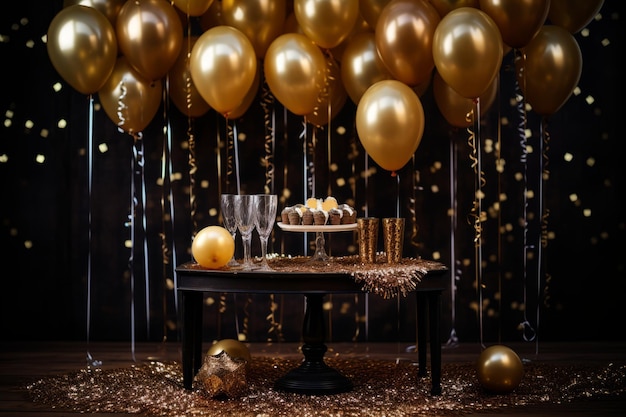 Une scène de célébration festive de la veille du Nouvel An avec des rayons d'or et des confettis éparpillés sur une table