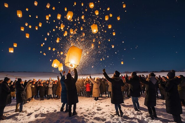 Photo une scène de célébration avec des gens libérant des lanternes d'une neige