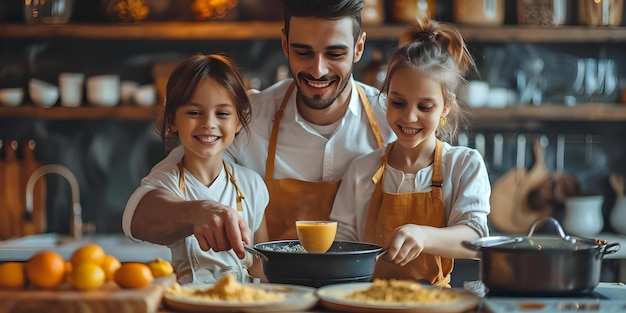 Scène chaleureuse Famille préparant du lait d'or ensemble dans la cuisine Concept Moments familiaux Activités de cuisine Recette de lait d'Or Réglage à la maison confortable