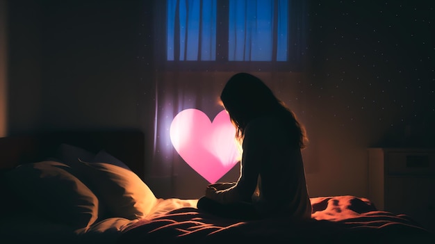 Une scène de chambre sereine avec un oreiller en forme de cœur reposant contre un lit parfaitement fait illuminé