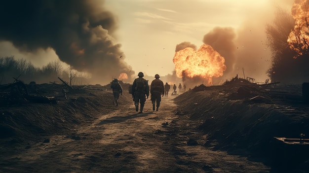 Scène de champ de bataille de guerre avec des soldats partant en guerre avec des explosions