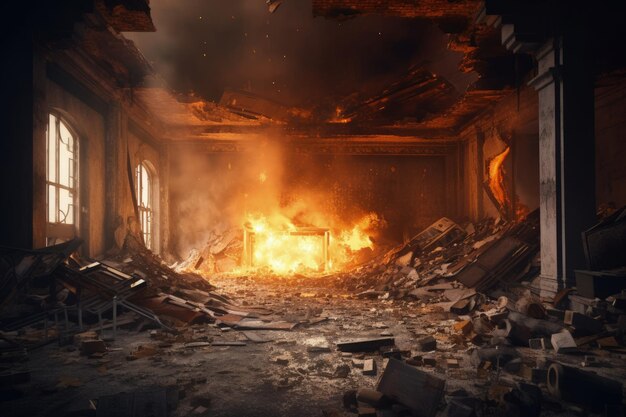 Photo scène de chaos et de destruction à l'intérieur du bâtiment concept d'instabilité politique et de conflit