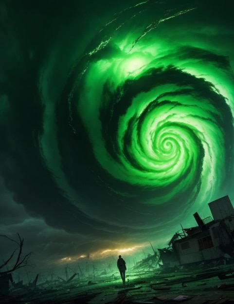 Une scène chaotique de destruction alors qu'une tornade d'âmes désespérées est éclairée par un doux vert acide.