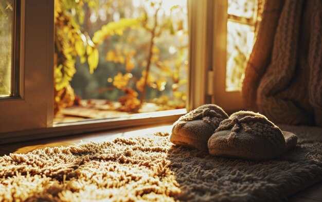 Une scène chaude et accueillante pantoufles sur un tapis près d'une fenêtre ensoleillée