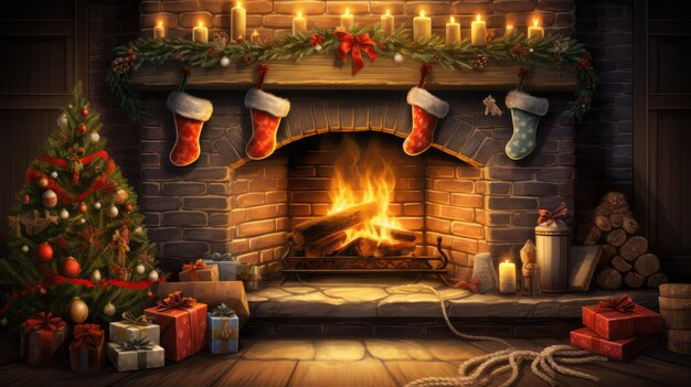 une scène de cheminée confortable avec des bas suspendus à des flammes chaudes et rougeoyantes et une couronne de Noël