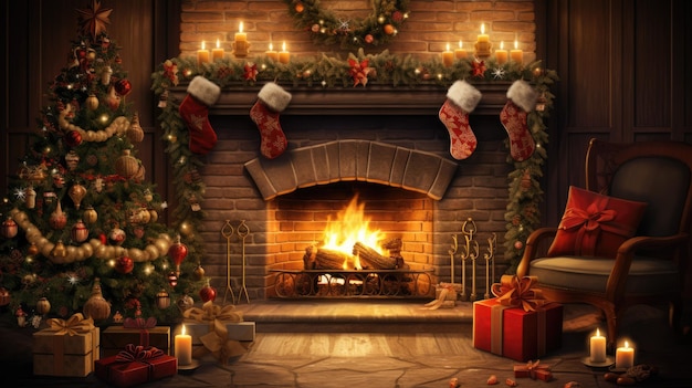 une scène de cheminée confortable avec des bas suspendus à des flammes chaudes et rougeoyantes et une couronne de Noël