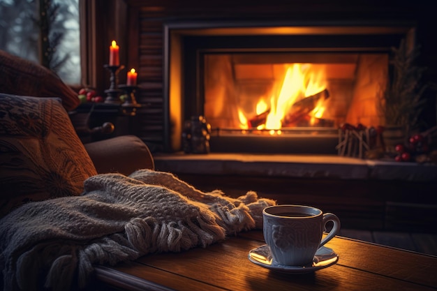 Scène de cheminée confortable avec des chaussettes d'arbre allumées, des bougies et du café