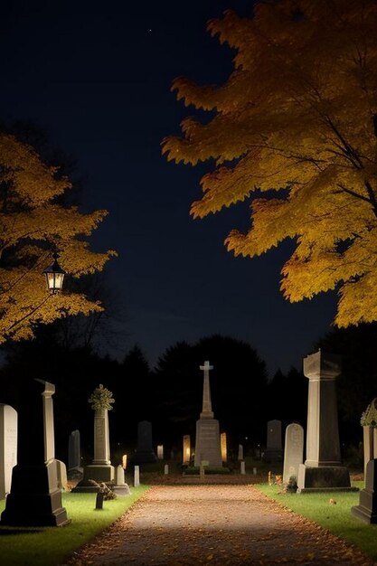 Scène de cimetière de nuit effrayante d'Halloween avec des chauves-souris et la lune en arrière-plan