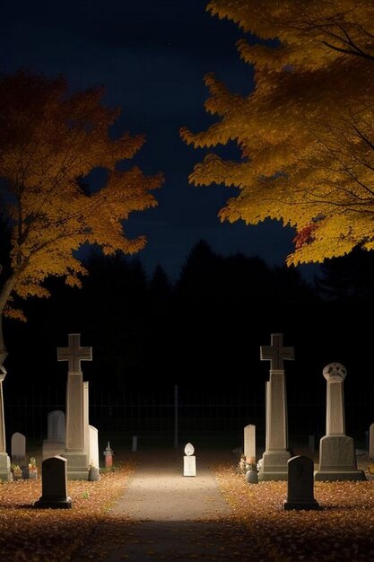 Scène de cimetière de nuit effrayante d'Halloween avec des chauves-souris et la lune en arrière-plan