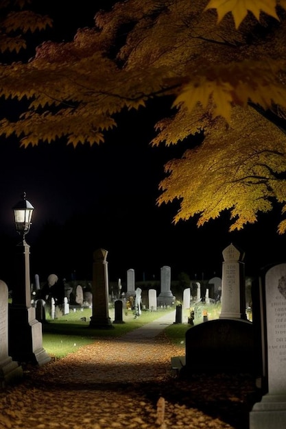 Scène de cimetière de nuit effrayante d'Halloween avec des chauves-souris et la lune en arrière-plan