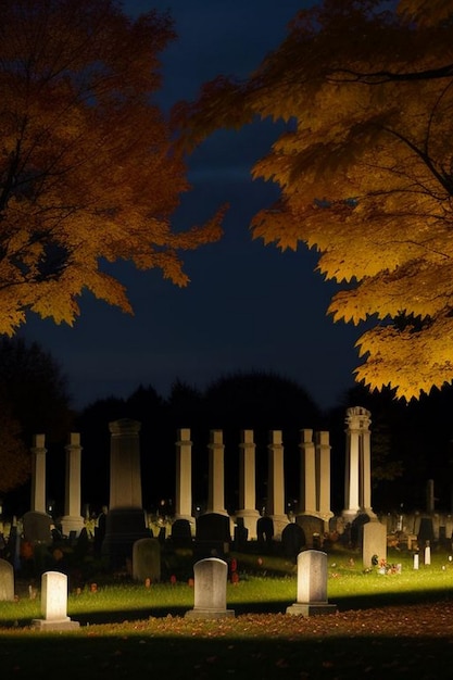 Scène de cimetière de nuit effrayante d'Halloween avec des chauves-souris et la lune en arrière-plan
